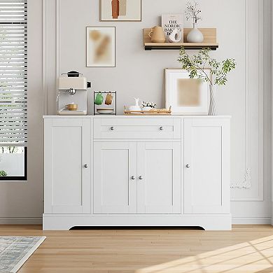 Modern White Wooden Sideboard Buffet Cabinet with Drawer Freestanding Dining Room Credenza