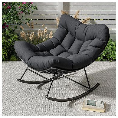 Outdoor Oversized Papasan Rocking Chair, Rocking Lounge Chair with Sturdy Metal Frame