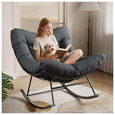 Outdoor Oversized Papasan Rocking Chair, Rocking Lounge Chair with Sturdy Metal Frame