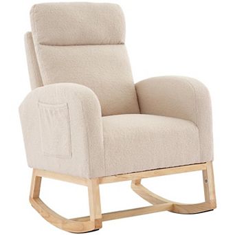 Nursery Rocking Chair, Upholstered Glider Rocker with Side Pocket & High Backrest