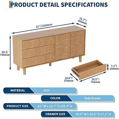 Modern Sideboard Buffet Cabinet with Undulating Fluted Design 61in Wood Storage Cabinet