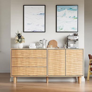 Modern Sideboard Buffet Cabinet with Undulating Fluted Design 61in Wood Storage Cabinet