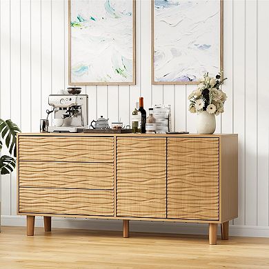 Modern Sideboard Buffet Cabinet with Undulating Fluted Design 61in Wood Storage Cabinet