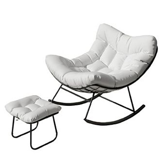 Outdoor Oversized Papasan Rocking Chair with Footrest, Patio Lounge Chair with Ottoman