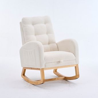 Whisen Plush Accent Rocking Chair, Rubber Wood Lounge Chair with Footrest, High-Back Rocker