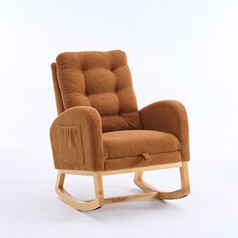 Whisen Plush Accent Rocking Chair, Rubber Wood Lounge Chair with Footrest, High-Back Rocker