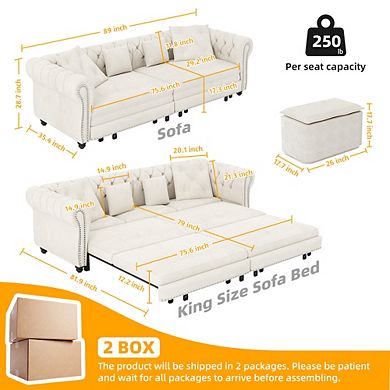 Whisen 3-in-1 Pull-Out Sofa Bed, 3-Seater Sofa, Convertible Sleeper Sofa Bed with Movable Ottoman