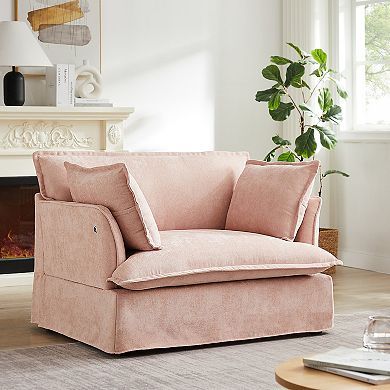 Whisen Oversized Sofa Chair with Dual-Port Charging, Skirted Base, Curved Armrest, Throw Pillows