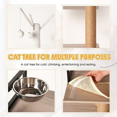 Whisen Cat Litter Box Enclosure & Cat Tree bed, Scratching Post, Feeding Station, Pompom Sticks