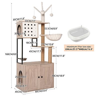 Whisen Cat Litter Box Enclosure & Cat Tree bed, Scratching Post, Feeding Station, Pompom Sticks