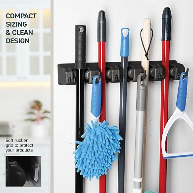 2 Pack Mop and Broom Holder - Garage Organizer with 5 Slots, 6 Hooks, 7.5lbs Capacity Each Slot
