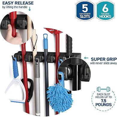 2 Pack Mop and Broom Holder - Garage Organizer with 5 Slots, 6 Hooks, 7.5lbs Capacity Each Slot