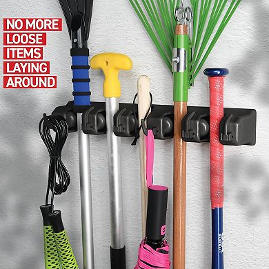 2 Pack Mop and Broom Holder - Garage Organizer with 5 Slots, 6 Hooks, 7.5lbs Capacity Each Slot