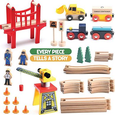 38 Pcs Wood Train Track Set for Toddlers with Accessories - Compatible with Major Brands
