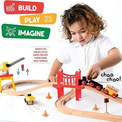 38 Pcs Wood Train Track Set for Toddlers with Accessories - Compatible with Major Brands