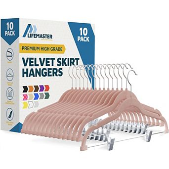 Lifemaster Velvet Skirt Hangers with Clips, 360° Swivel Hook, Non-Slip Notch, Pack of 10