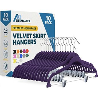 Lifemaster Velvet Skirt Hangers with Clips, 360° Swivel Hook, Non-Slip Notch, Pack of 10