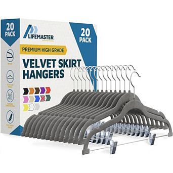 Lifemaster Velvet Skirt Hangers with Clips, 360° Swivel Hook, Non-Slip Notch, Pack of 20