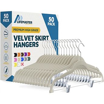 Lifemaster Velvet Skirt Hangers with Clips, 360° Swivel Hook, Non-Slip Notch, Pack of 50