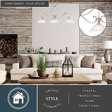 Monrovia 3L Brushed Nickel Linear Island Pendant Light Fixture White Glass