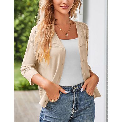 Women's Cropped Cardigans 3/4 Sleeve Button Down Lightweight V Neck Sweaters Shrugs Tops