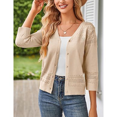 Women's Cropped Cardigans 3/4 Sleeve Button Down Lightweight V Neck Sweaters Shrugs Tops