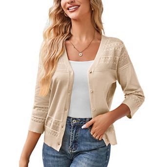 Women's Cropped Cardigans 3/4 Sleeve Button Down Lightweight V Neck Sweaters Shrugs Tops
