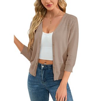 Women's Cropped Cardigans 3/4 Sleeve Button Down Lightweight V Neck Sweaters Shrugs Tops