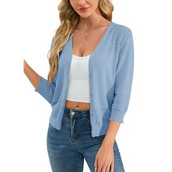 Women's Cropped Cardigans 3/4 Sleeve Button Down Lightweight V Neck Sweaters Shrugs Tops