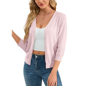 Women's Cropped Cardigans 3/4 Sleeve Button Down Lightweight V Neck Sweaters Shrugs Tops