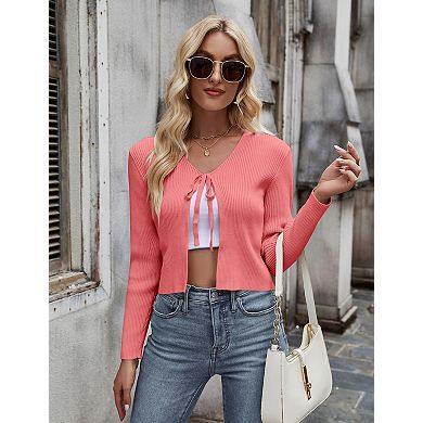 Women's Tie Front Cardigan Long Sleeve Rib Knit Shrug Crop Top Sweater Multiple Colors Available