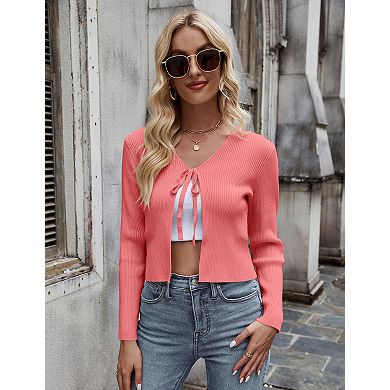 Women's Tie Front Cardigan Long Sleeve Rib Knit Shrug Crop Top Sweater Multiple Colors Available