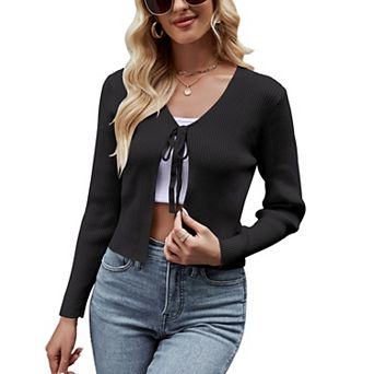 Women's Tie Front Cardigan Long Sleeve Rib Knit Shrug Crop Top Sweater Multiple Colors Available