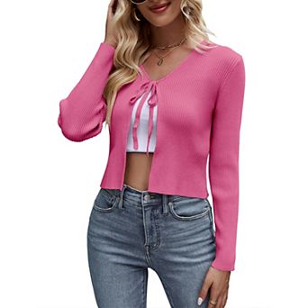 Women's Tie Front Cardigan Long Sleeve Rib Knit Shrug Crop Top Sweater Multiple Colors Available