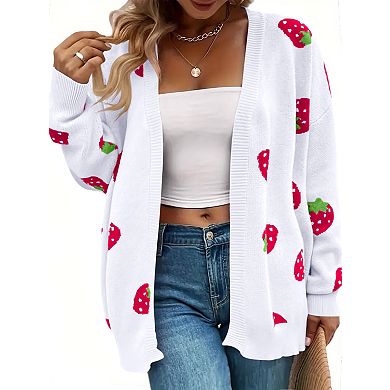 Women's Plus Size Open Front Knit Cardigan Strawberry Floral Print Long Sleeve Sweater
