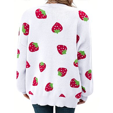 Women's Plus Size Open Front Knit Cardigan Strawberry Floral Print Long Sleeve Sweater