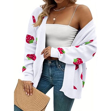 Women's Plus Size Open Front Knit Cardigan Strawberry Floral Print Long Sleeve Sweater