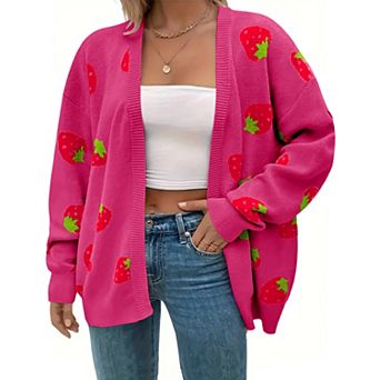 Women's Plus Size Open Front Knit Cardigan Strawberry Floral Print Long Sleeve Sweater