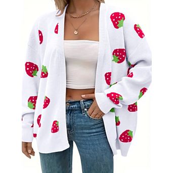 Women's Plus Size Open Front Knit Cardigan Strawberry Floral Print Long Sleeve Sweater