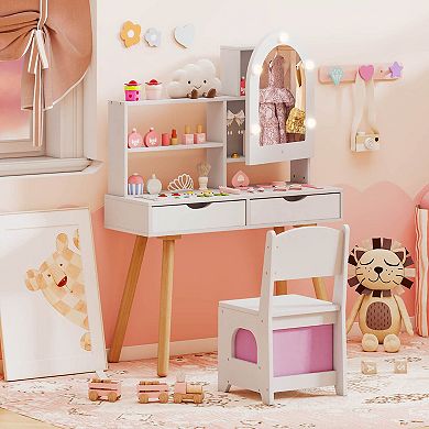 Costway Kids Vanity Set with 3-Color Lighting Modes, Adjustable Brightness, Mirror Cabinet
