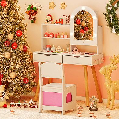 Costway Kids Vanity Set with 3-Color Lighting Modes, Adjustable Brightness, Mirror Cabinet