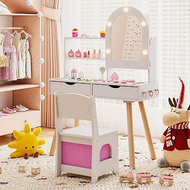 Costway Kids Vanity Set with 3-Color Lighting Modes, Adjustable Brightness, Mirror Cabinet