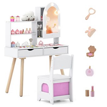 Costway Kids Vanity Set with 3-Color Lighting Modes, Adjustable Brightness, Mirror Cabinet