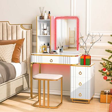 Costway Vanity Table Set with RGB LED Lights Crystal Crush Diamond Mirror Drawers