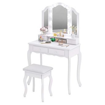 Costway Makeup Vanity Set with Tri-Fold Mirror & LED Lights 4 Drawers Open Shelf White