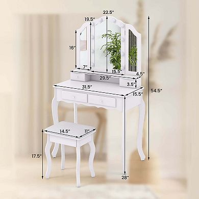 Costway Makeup Vanity Set with Tri-Fold Mirror & LED Lights 4 Drawers Open Shelf White