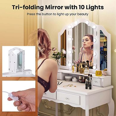 Costway Makeup Vanity Set with Tri-Fold Mirror & LED Lights 4 Drawers Open Shelf White