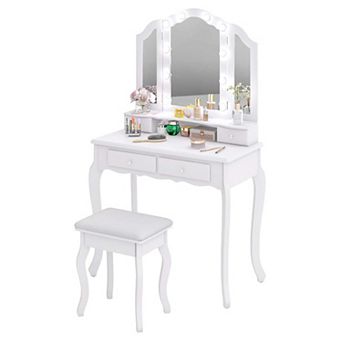 Costway Makeup Vanity Set with Tri-Fold Mirror & LED Lights 4 Drawers Open Shelf