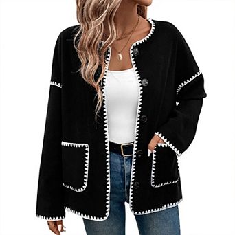 Women Fall Oversized Color Block Long Sleeve Casual Jacket White Trim Round Neck Button Pockets Coat