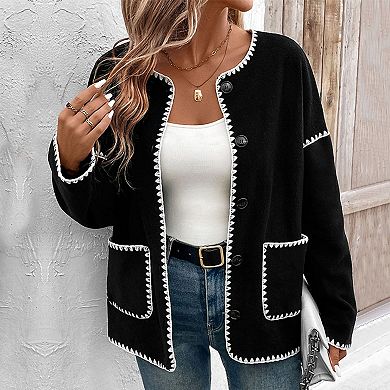 Women Fall Oversized Color Block Long Sleeve Casual Jacket White Trim Round Neck Button Pockets Coat